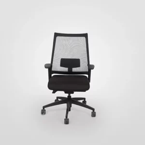 An ergonomic black office chair with a mesh backrest on a white background.