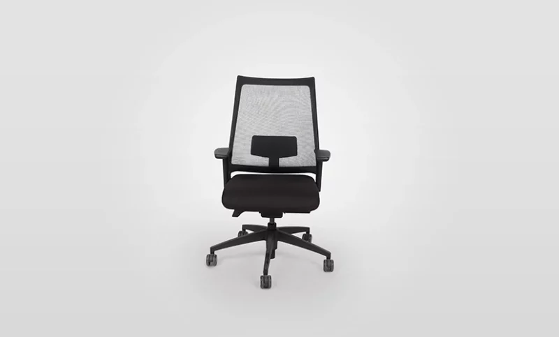 An ergonomic black office chair with a mesh backrest on a white background.