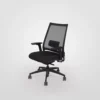 An ergonomic black office chair with a mesh backrest and wheeled base.