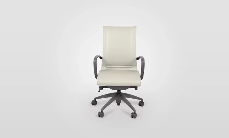 White modern office chair on wheels against a plain background.